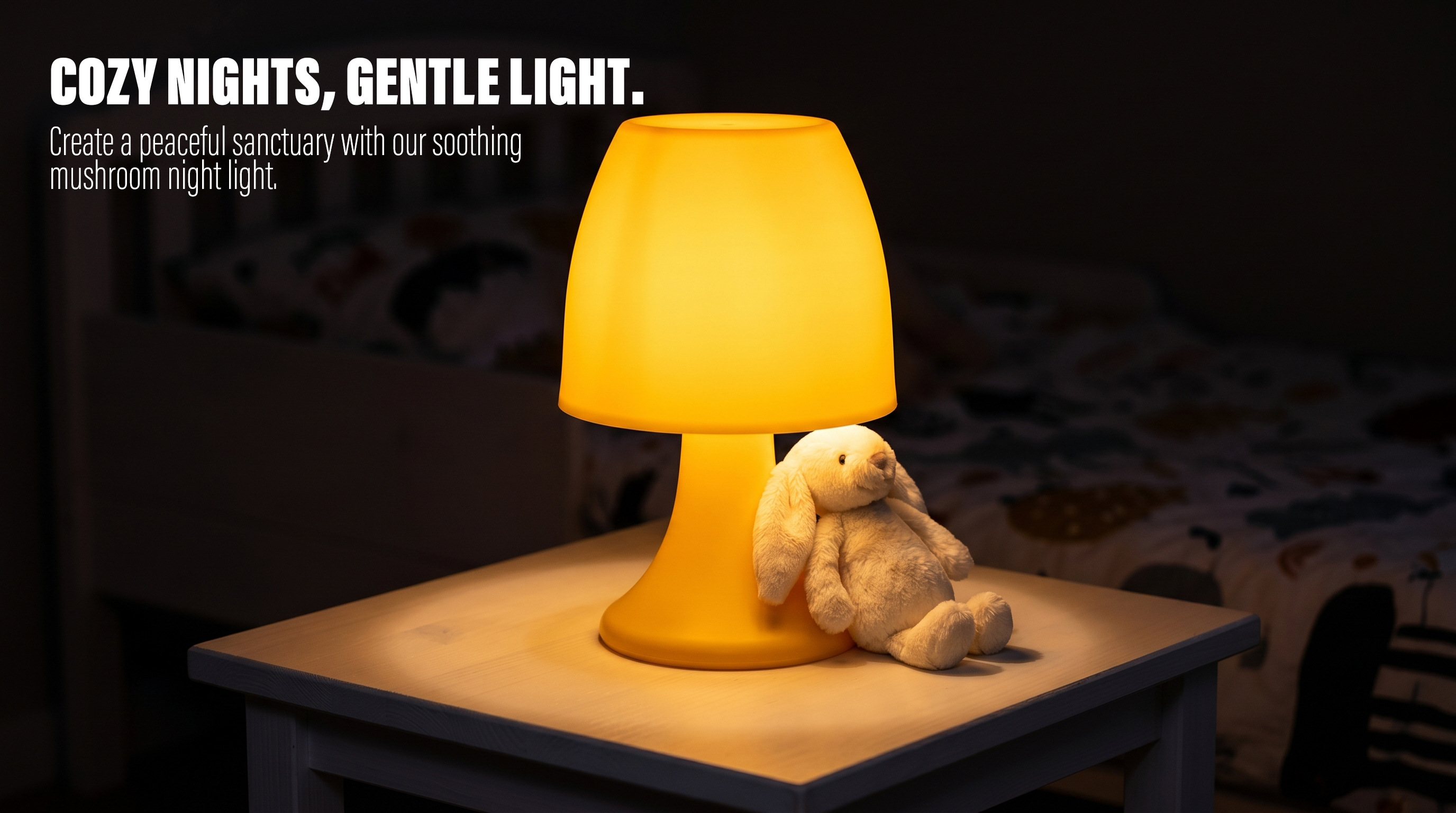 A glowing yellow mushroom-shaped LED night light on a white nightstand, next to a plush white toy rabbit, in a dimly lit kids' bedroom setting.