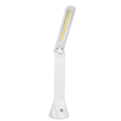 Full view of the white COB folding desk lamp in its extended upright position