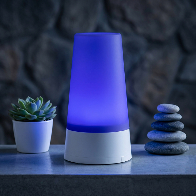 Decorative LED lamp glowing blue in a cozy indoor setting