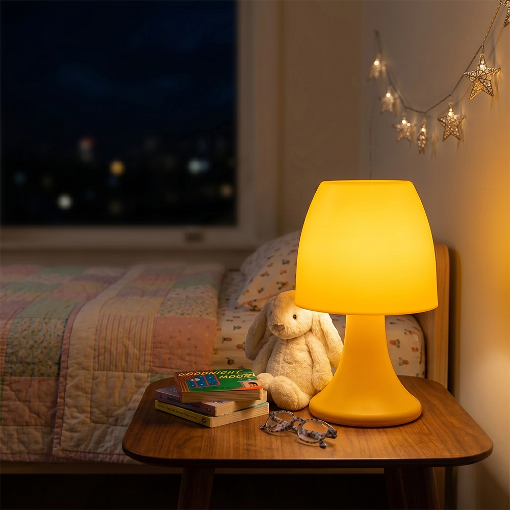 Yellow LED mushroom night light on a bedside table with a plush toy in a cozy, dimly lit bedroom at night