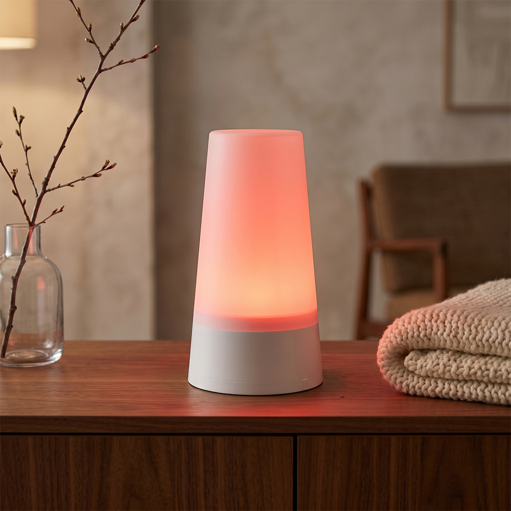 Glowing ambient night lamp with soft orange light on a wooden bedside table