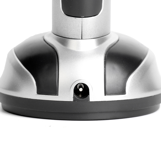 Close up of the power interface on the base of the battery powered desk lamp