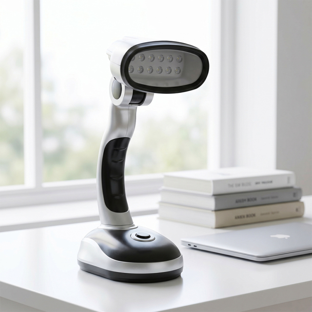 Portable folding LED desk lamp placed on a study desk for focused reading