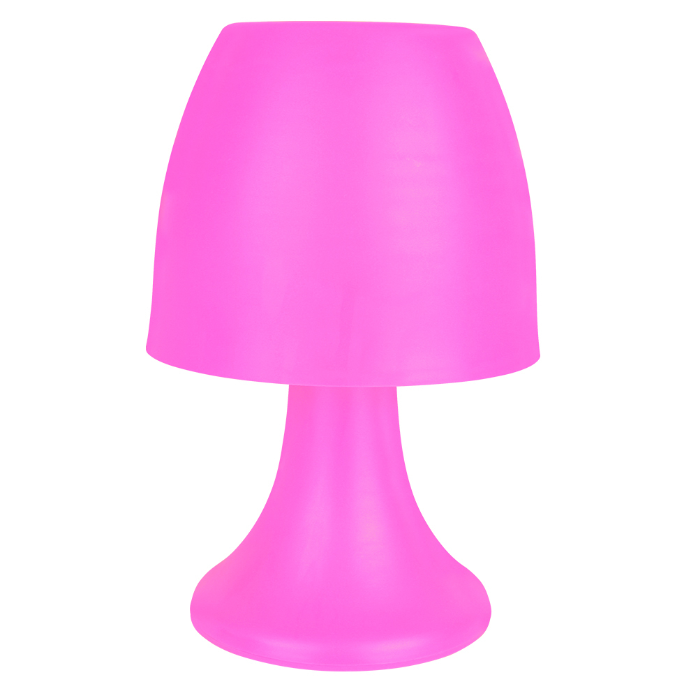 Pink colored mushroom-shaped LED table lamp, perfect for nursery or bedroom decor