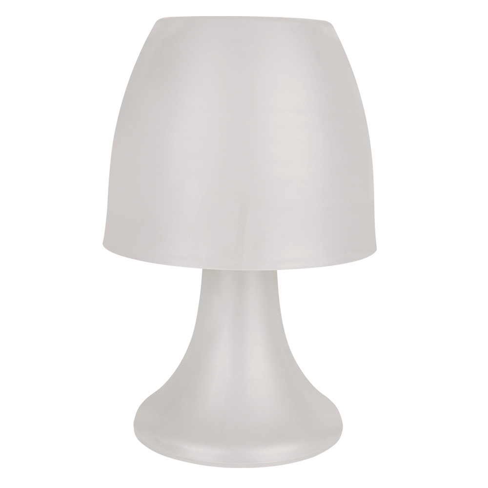 White colored mushroom-shaped LED table lamp, portable and battery-operated