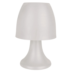 White colored mushroom-shaped LED table lamp, portable and battery-operated