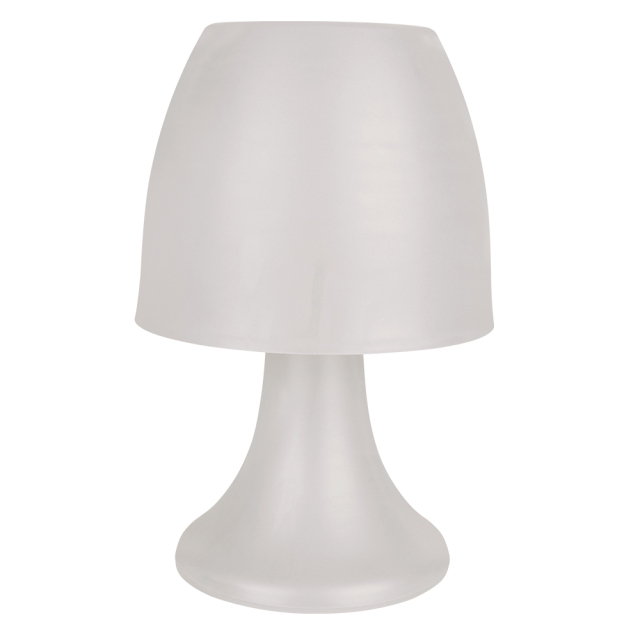 White colored mushroom-shaped LED table lamp, portable and battery-operated