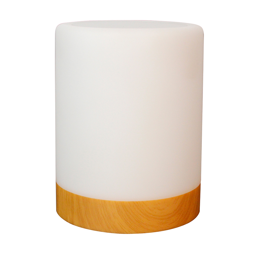 Cylindrical RGB atmosphere table lamp with a natural wood base