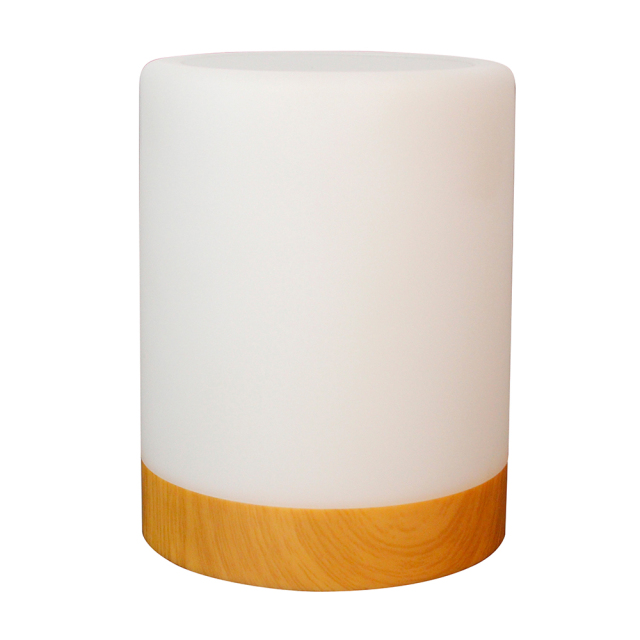 Cylindrical RGB atmosphere table lamp with a natural wood base