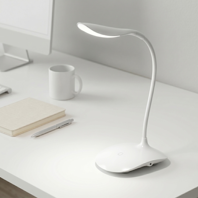 Minimalist white flexible gooseneck LED desk lamp with touch control on a bright office desk, emitting 5000K crisp white daylight for study and work.