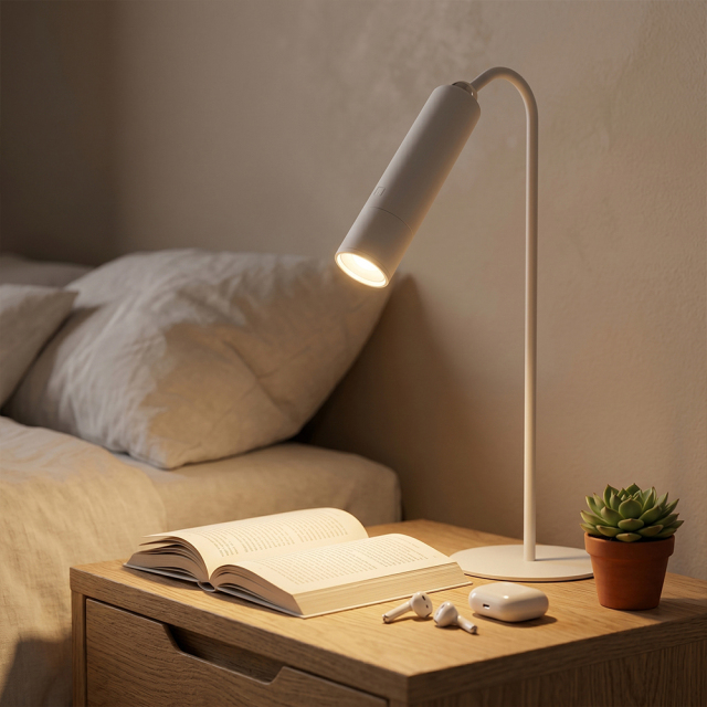 Multifunctional 4-in-1 white LED table lamp used as a bedside reading light in a modern minimalist bedroom.