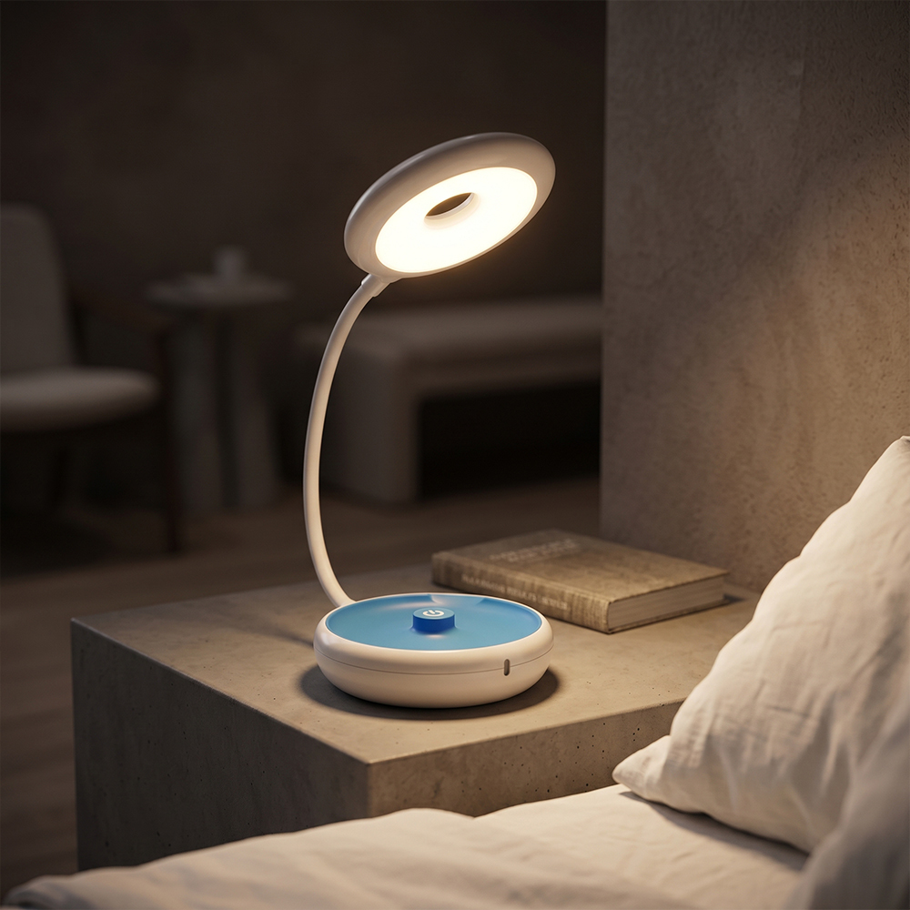 A white LED desk lamp with a blue accent base and a flexible gooseneck illuminating a cozy bedroom next to a book on a bedside table