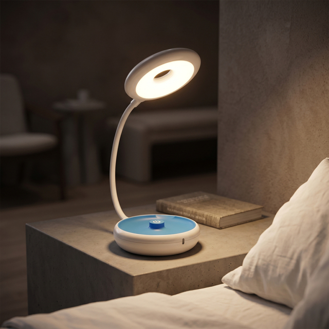 A white LED desk lamp with a blue accent base and a flexible gooseneck illuminating a cozy bedroom next to a book on a bedside table