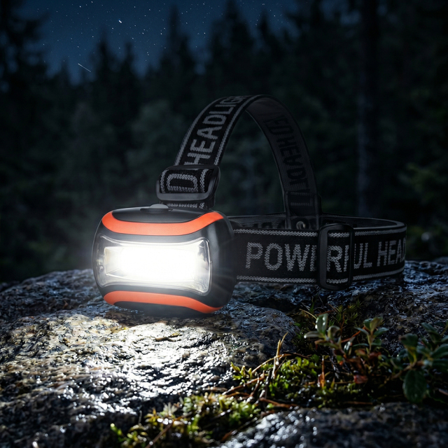 A black and orange COB LED headlamp placed on a wet rugged rock at night, emitting a powerful wide-angle white floodlight that illuminates the ground and moss in a dark forest under a starry sky.