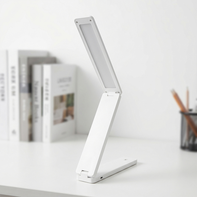 A sleek white folding LED desk lamp in a minimalist design standing on a white table with blurred books and a pencil holder in the background