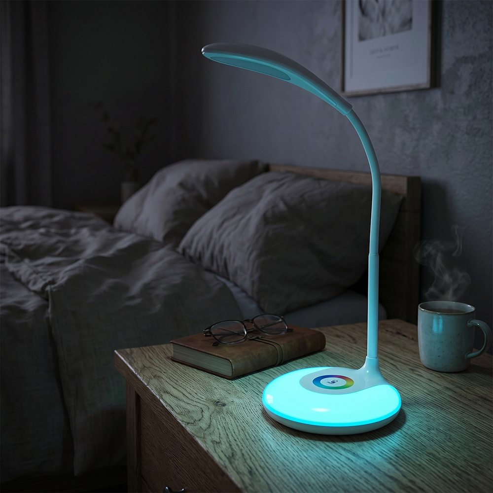 A sleek white LED bedside lamp with its circular touch base glowing cyan, setting a relaxing atmosphere on a nightstand next to a bed