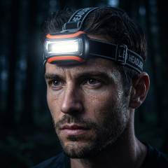 A premium commercial close-up photo of an athlete wearing a black and orange COB LED headlamp in a dark forest at night. The headlamp is turned on with a brilliant intense white light, softly illuminating his face and fine sweat droplets on his skin.