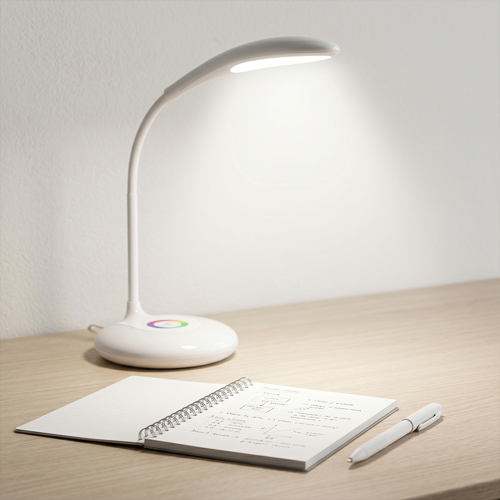 A white flexible gooseneck LED desk lamp with an RGB color wheel touch base illuminating a notebook on a wooden study table