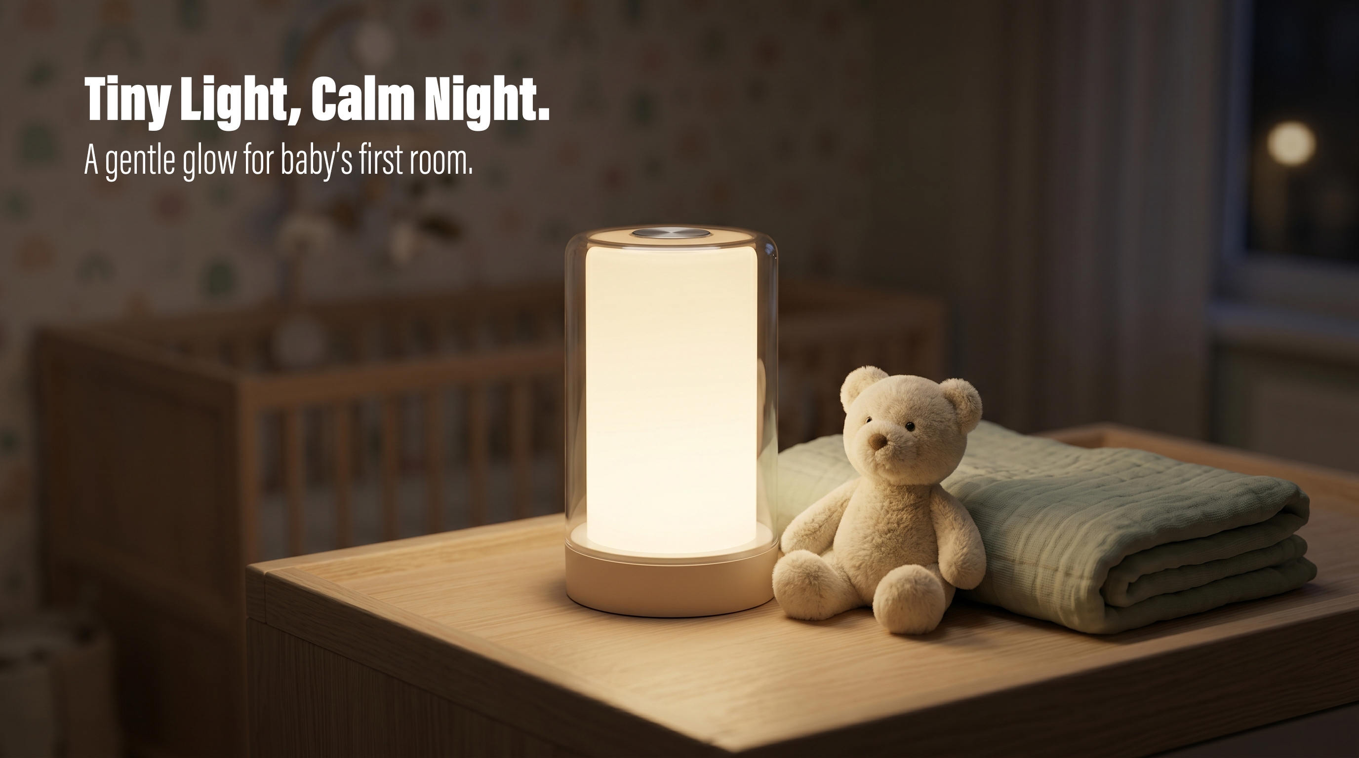 A cylindrical white LED night light glowing with warm light on a wooden table next to a plush teddy bear in a cozy nursery room
