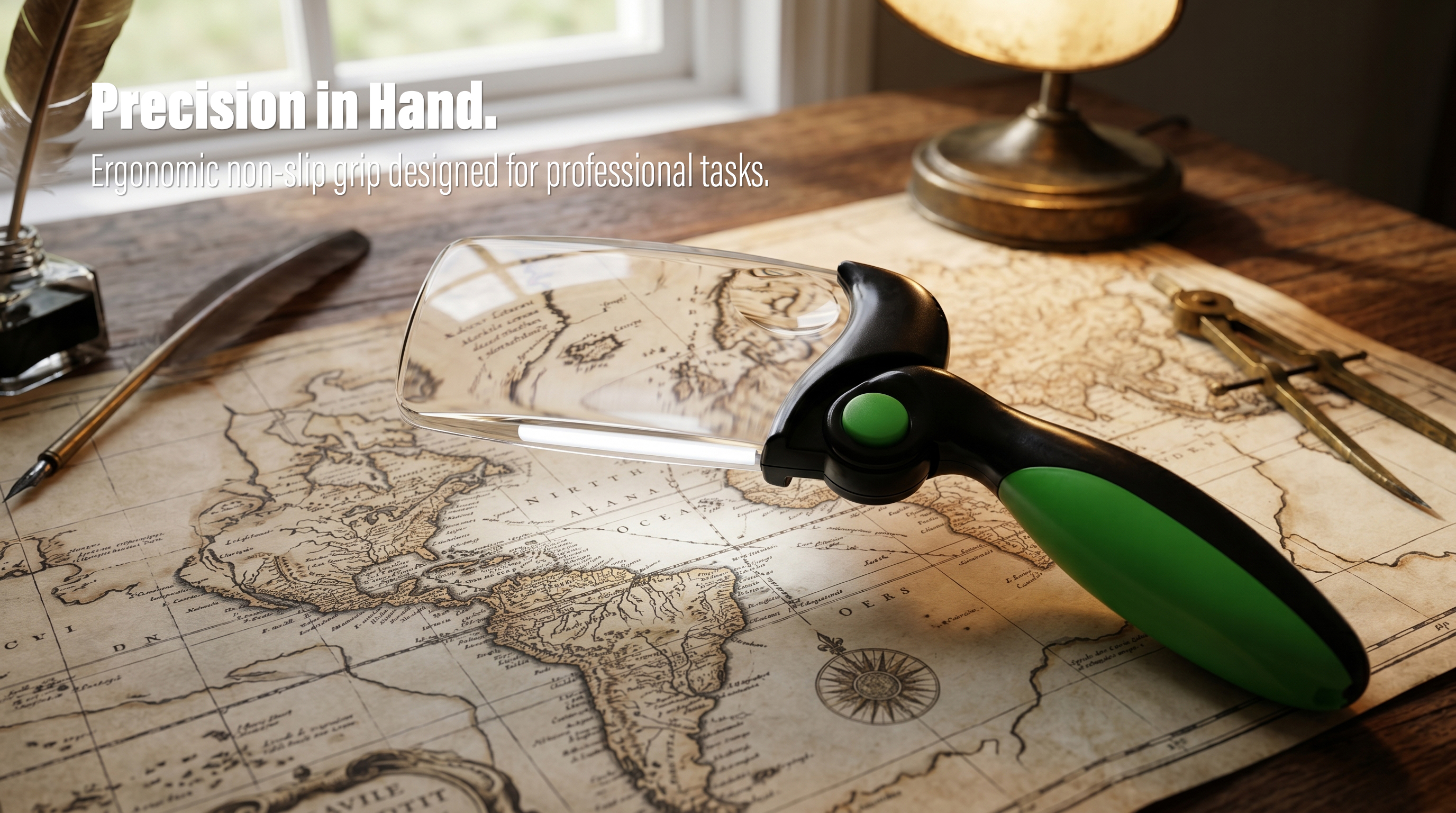 A large rectangular handheld magnifying glass with a green non-slip grip resting on an antique world map next to a fountain pen and a vintage desk lamp