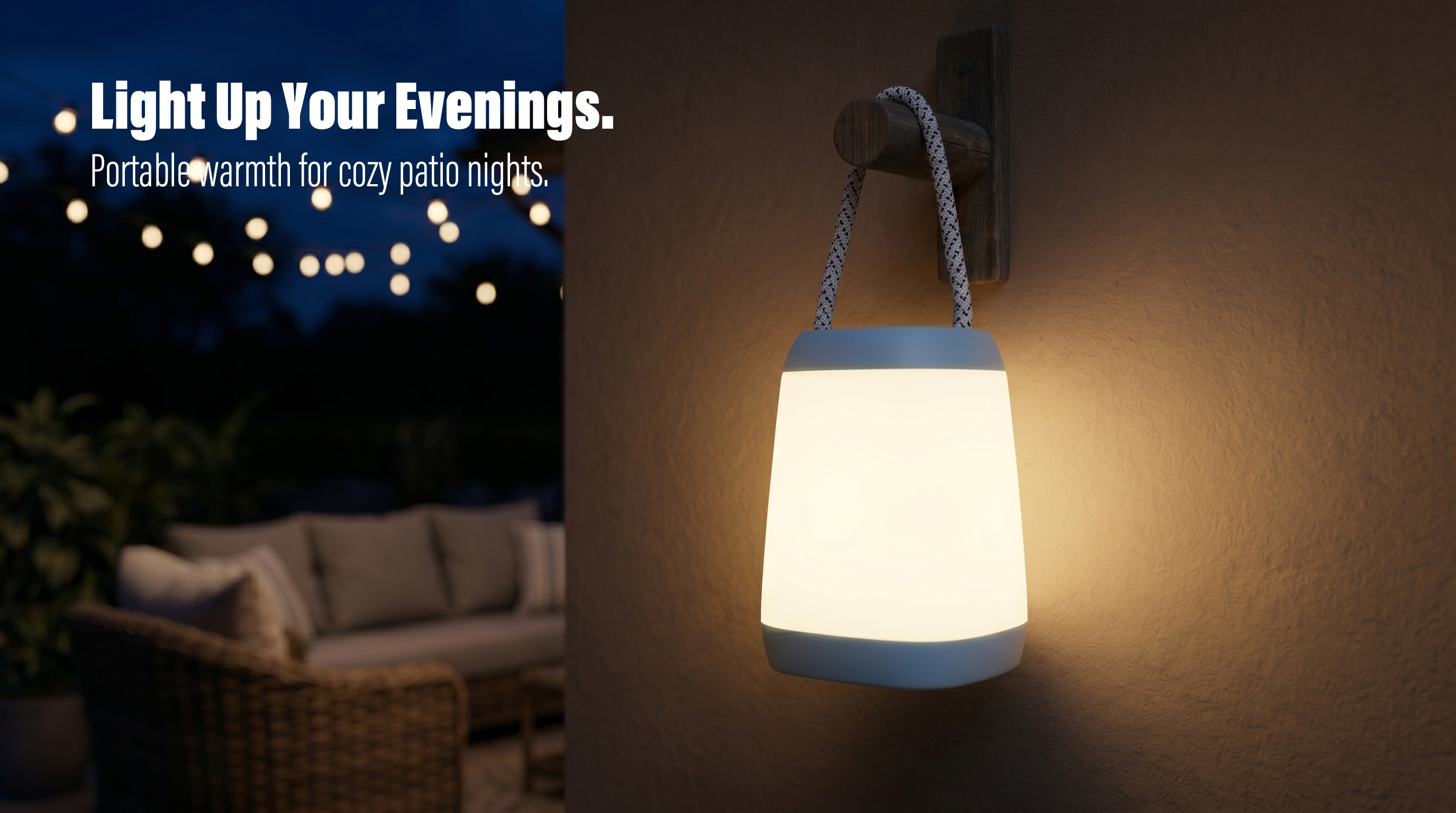 A white minimalist portable outdoor lantern lamp with a carrying handle hanging on a patio wall next to garden plants at dusk