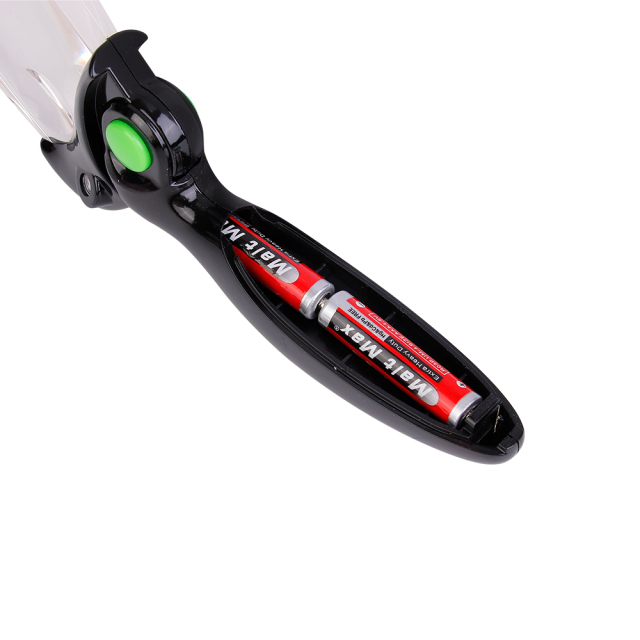 Close-up shot of the opened battery compartment inside the handle showing two AAA batteries installed