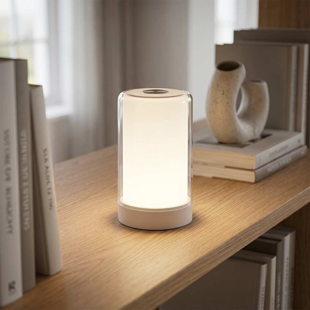 A sleek white cylindrical table lamp illuminating a wooden shelf with books and modern decor in warm white light