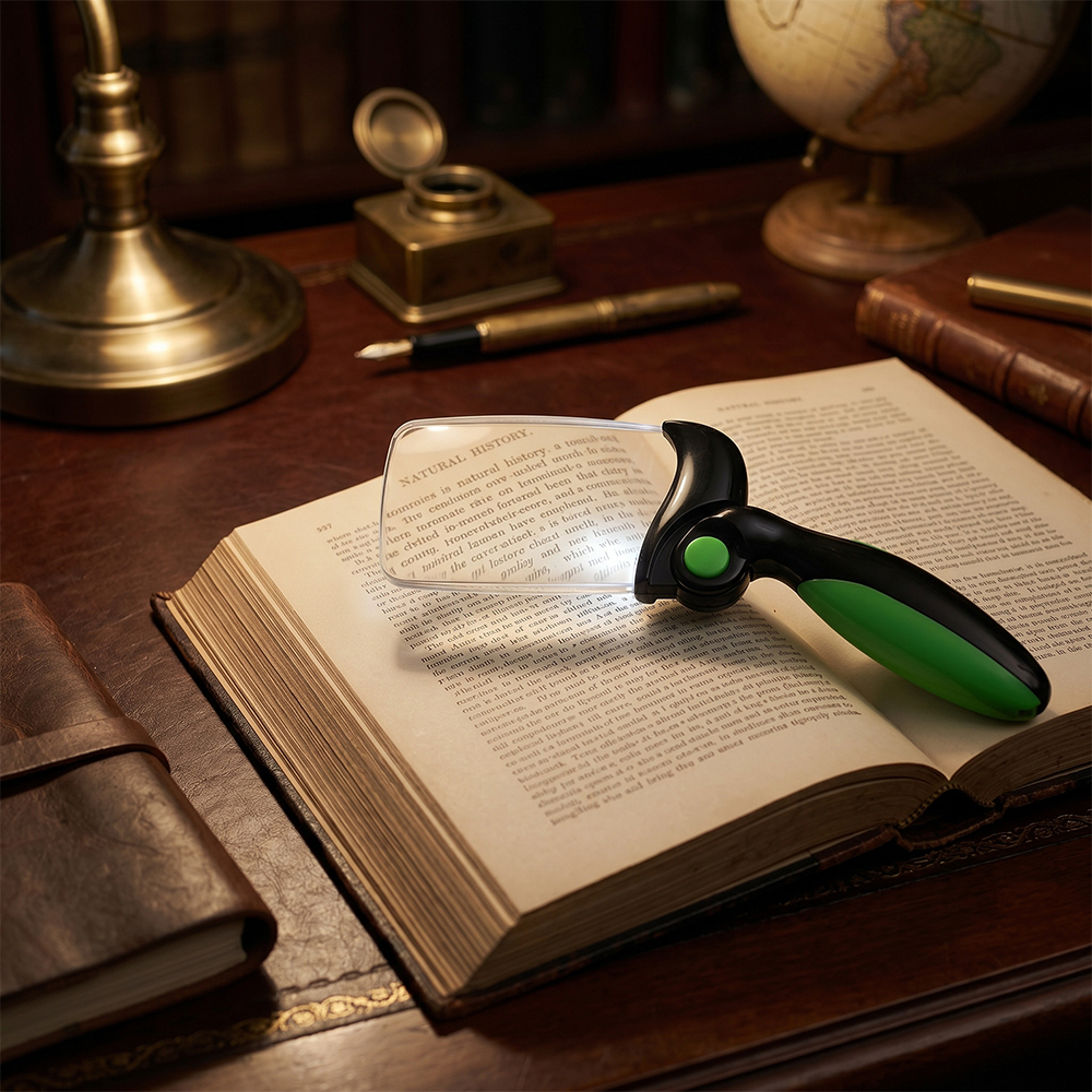An extended foldable magnifying glass lamp placed over an open book on a vintage wooden desk, illuminating text with its integrated LED light