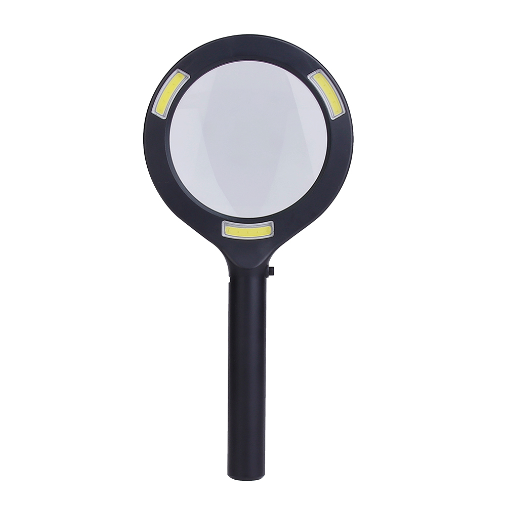 Front view of a premium black handheld magnifying glass with three built-in COB LED light strips around the lens, isolated on a white background