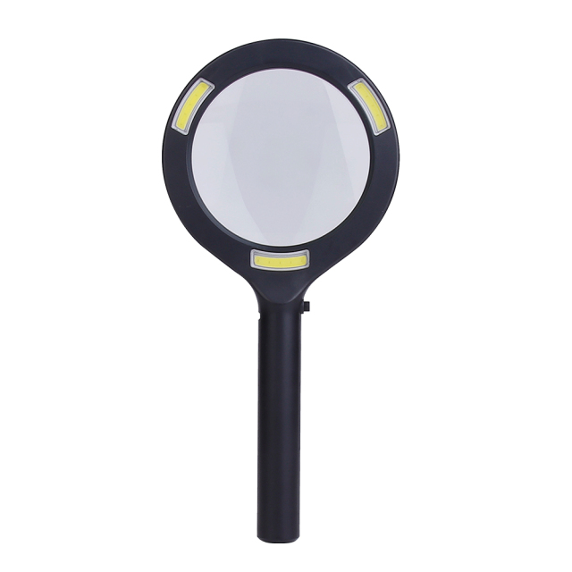 Front view of a premium black handheld magnifying glass with three built-in COB LED light strips around the lens, isolated on a white background