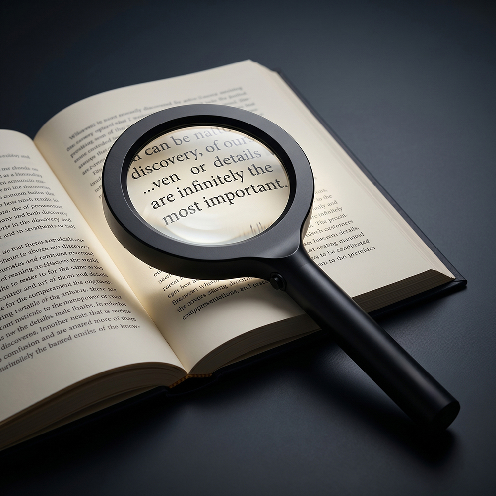 A black handheld magnifying glass with integrated light placed flat on an open book, magnifying the printed text on a dark background