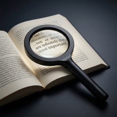 A black handheld magnifying glass with integrated light placed flat on an open book, magnifying the printed text on a dark background