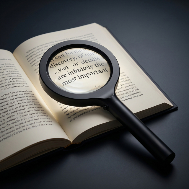 A black handheld magnifying glass with integrated light placed flat on an open book, magnifying the printed text on a dark background