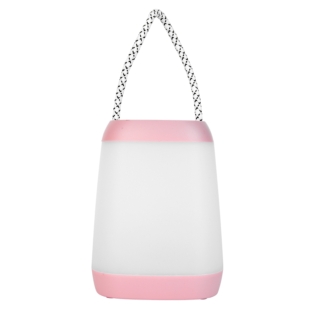 Front studio shot of a minimalist pink bedside table lamp with its braided hanging rope pulled straight up against a white background