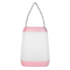 Front studio shot of a minimalist pink bedside table lamp with its braided hanging rope pulled straight up against a white background