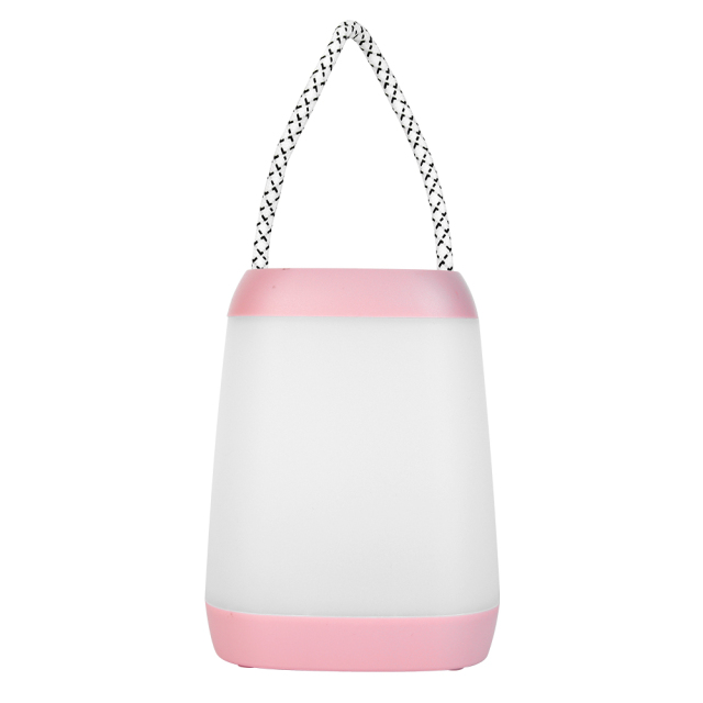 Front studio shot of a minimalist pink bedside table lamp with its braided hanging rope pulled straight up against a white background