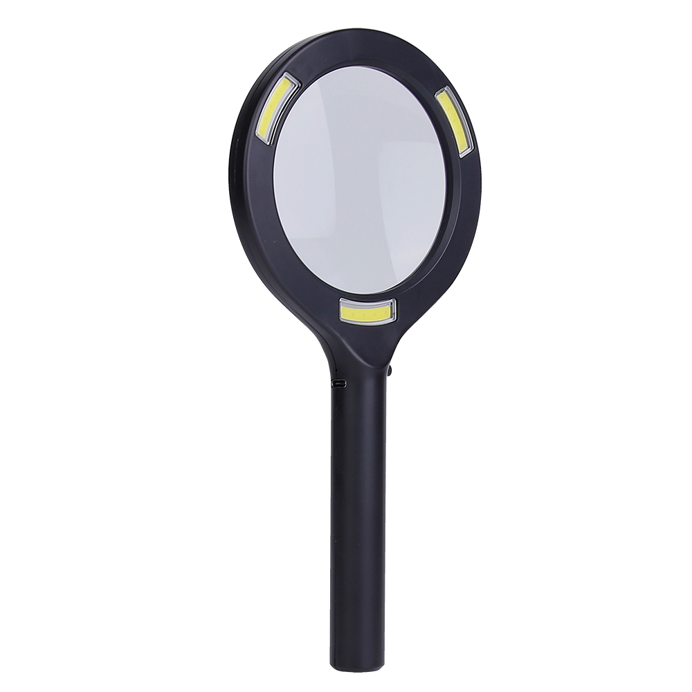 Three-quarter studio view of a black illuminated reading magnifier highlighting its smooth ergonomic handle and bright COB light source