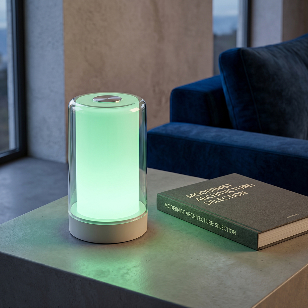 A cylindrical LED night lamp glowing soft green on a side table next to a book and a blue sofa