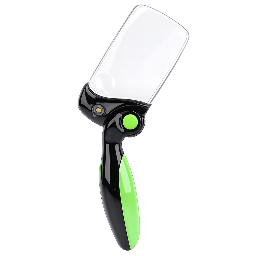 Front studio view of the pocket reading loupe fully extended and stretched out to reveal its rectangular lens frame