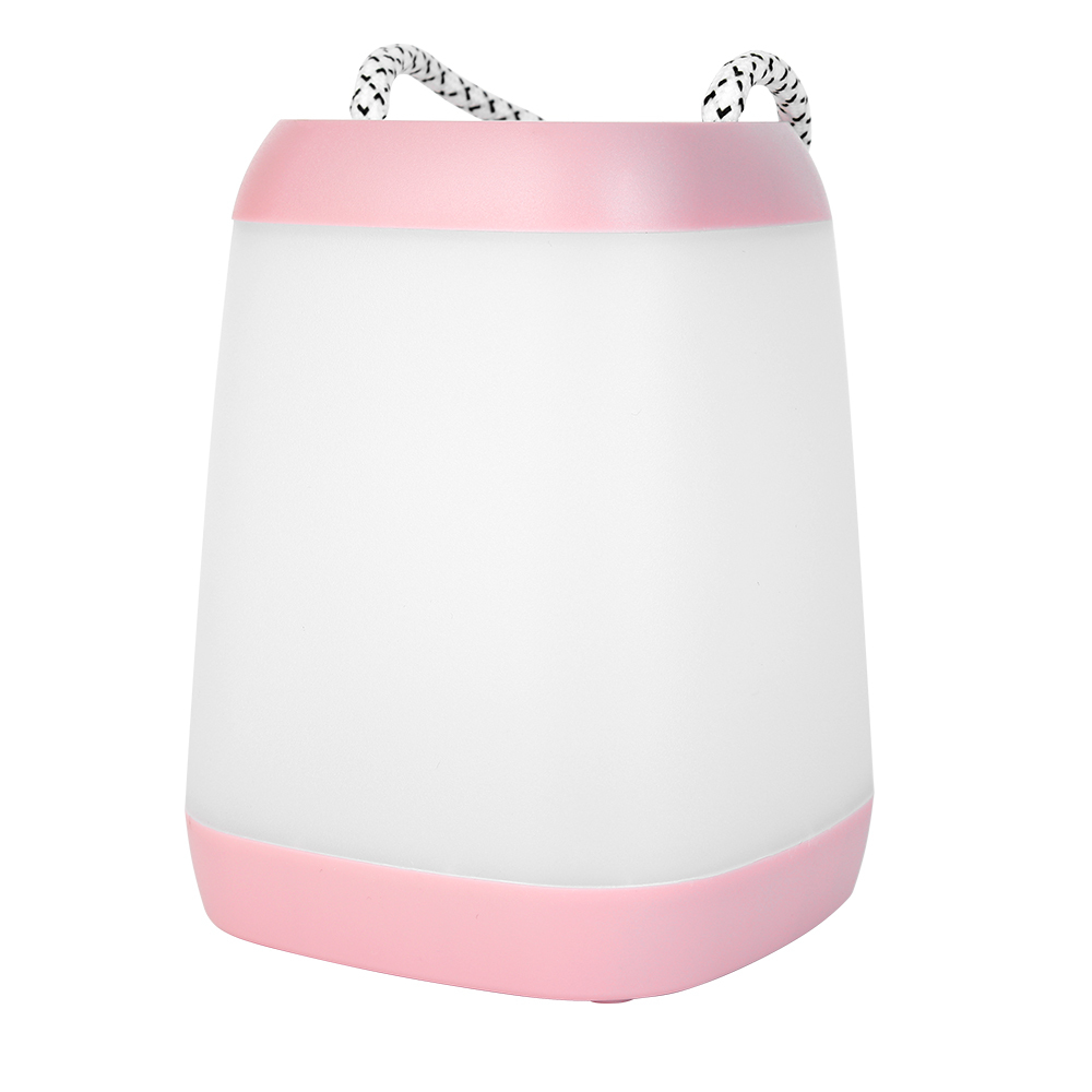 Front view of a pink and white cylindrical LED bedroom night light with its hanging rope resting on top, isolated on a white background