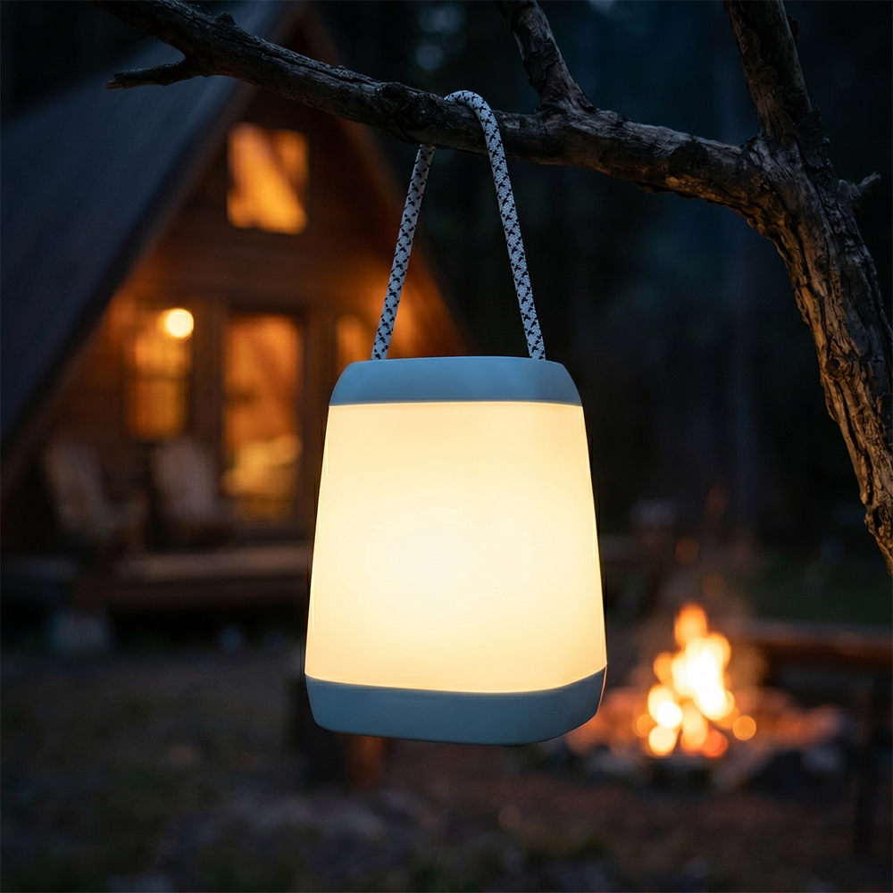 A portable cyan LED camping lantern light hanging from a tree branch at night with a cozy campfire glowing in the background