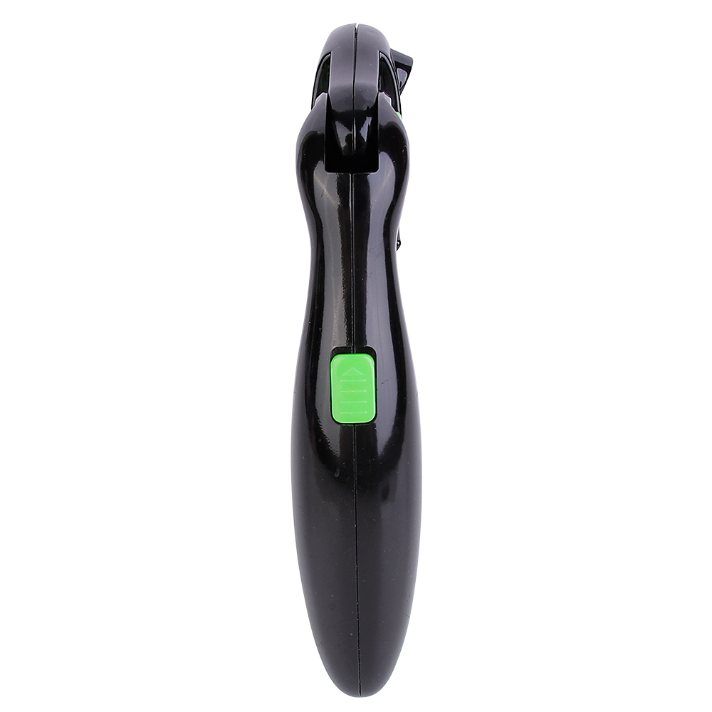 Back profile view of the portable magnifier light focusing on the green push button power switch on the black handle