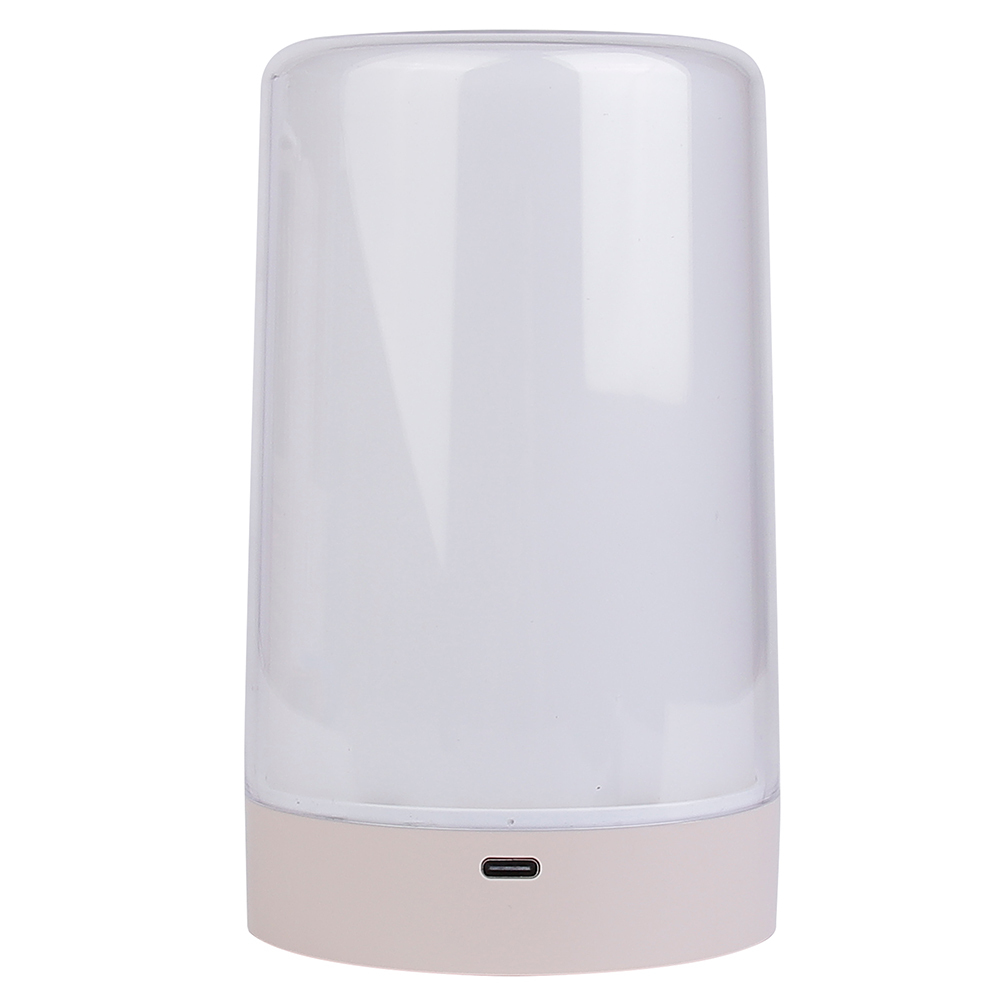 Front view of a minimalist white cylindrical LED night light showing the charging port on the base against a white background