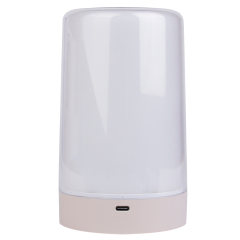Front view of a minimalist white cylindrical LED night light showing the charging port on the base against a white background