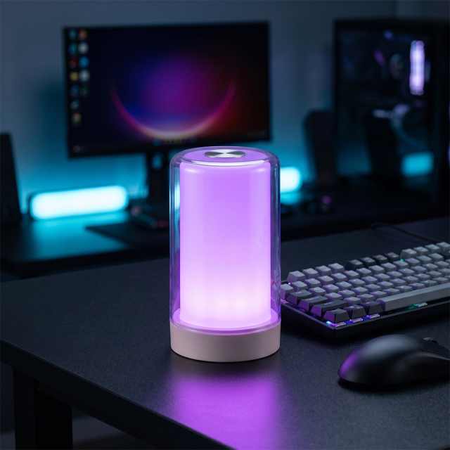 An RGB cylindrical desk lamp glowing vibrant purple on a gaming setup desk next to a mechanical keyboard and mouse
