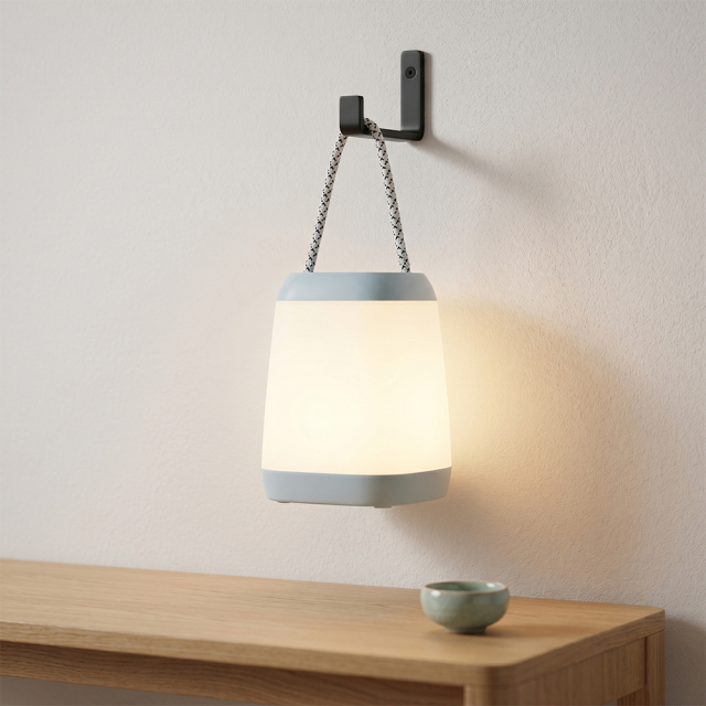 A cyan minimalist LED night light hanging from a black wall hook, casting a warm cozy glow over a wooden table
