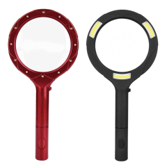 Product comparison showing the metallic red and classic black versions of the COB LED magnifying glass lamp side by side