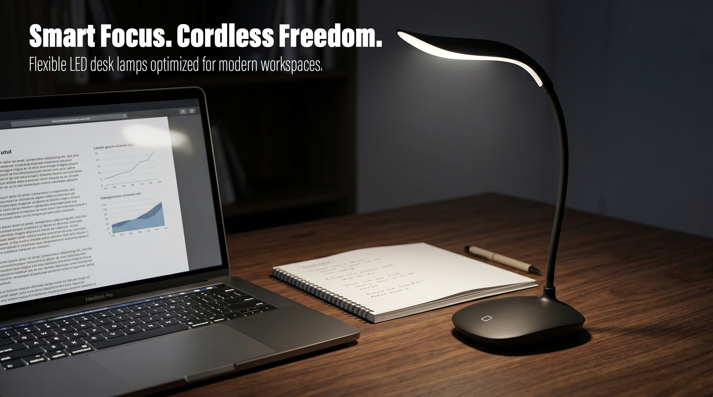 An illuminated black cordless LED desk lamp with a flexible gooseneck casting bright white light on a notebook next to an open laptop on a wooden office desk