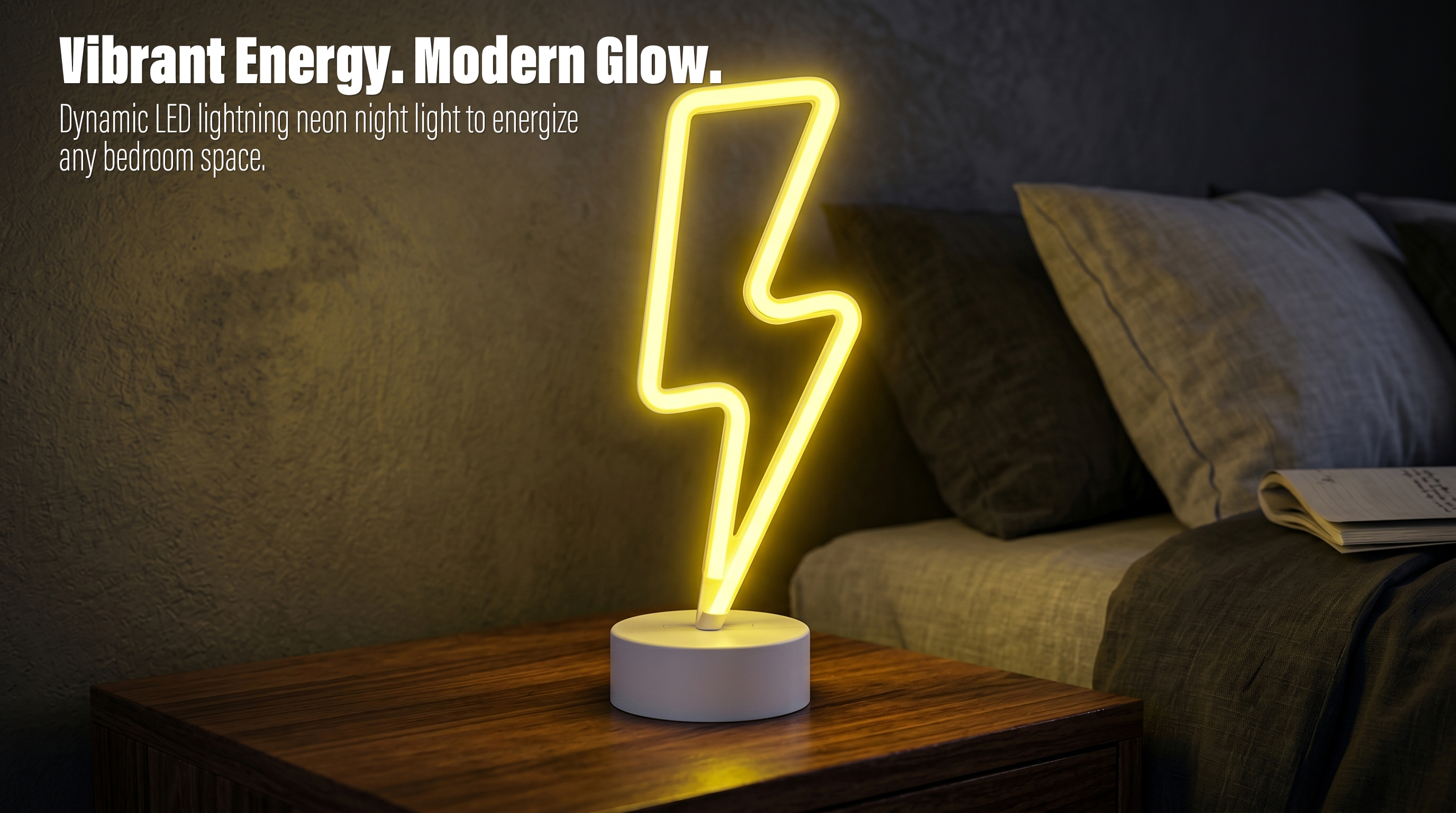 A yellow LED lightning bolt neon sign table lamp glowing on a wooden bedside nightstand next to pillows in a dimly lit bedroom
