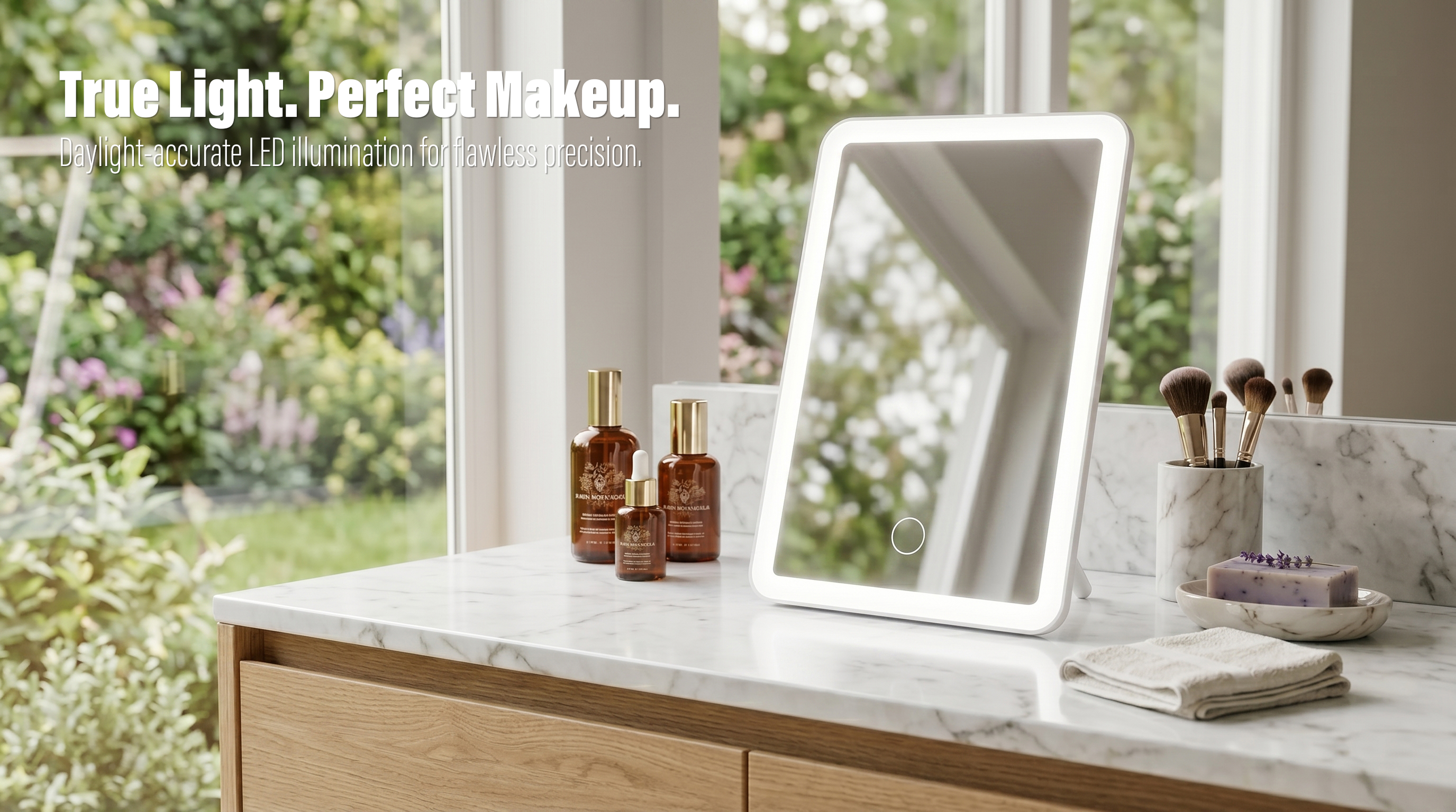 A rectangular white smart LED makeup vanity mirror with an illuminated light border resting on a marble countertop next to skincare bottles and cosmetic brushes